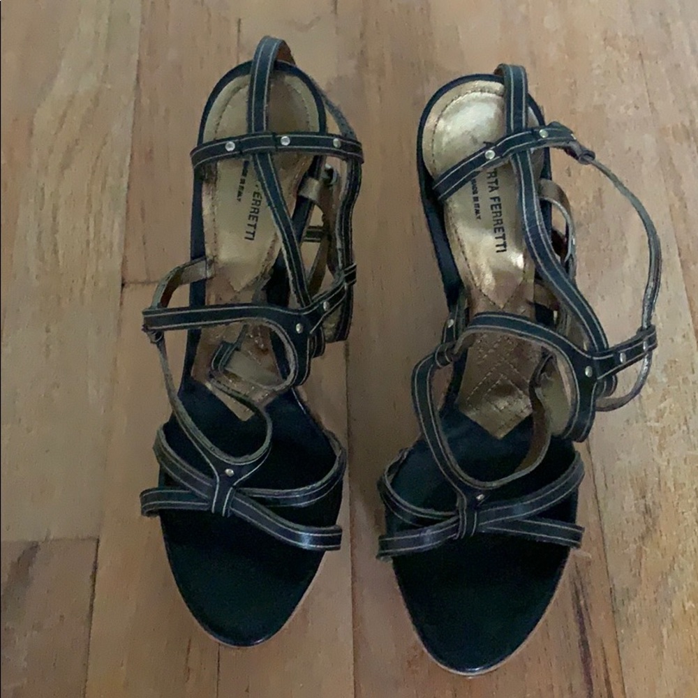 Alberta Ferretti brown gold strap wedge platforms
